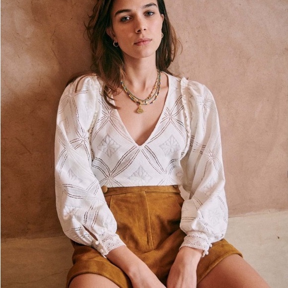 Sezane Tops - Sezane White Long Sleeve Eyelet Blouse